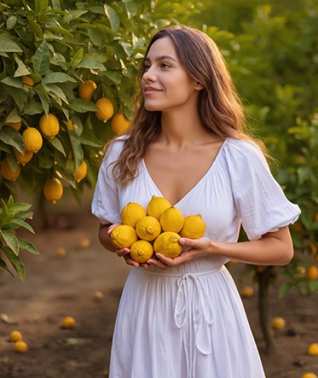 Woman holding fresh lemons in a sunny orchard, showcasing natural ingredients used to create ORY Skincare’s Lemon Peel Extract.
