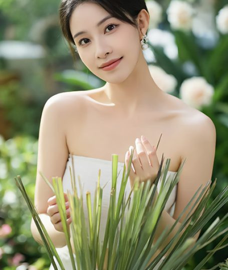 Serene Asian woman in white attire gently holding fresh lemongrass stalks in lush garden setting, representing the invigorating Lemongrass Essential Oil in Oryskincare's purifying skincare products for toned, refreshed, and acne-free skin.