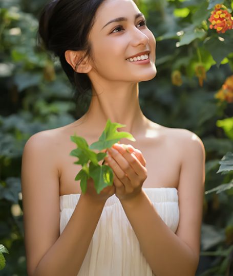 Smiling Asian woman in white dress holding fresh licorice leaves in sunny garden, symbolizing the brightening Licorice Extract in Oryskincare's soothing skincare products for even-toned, radiant skin.