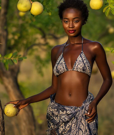 onfident woman with natural afro holding fresh marula fruit in lush marula tree grove, illustrating the antioxidant-rich Marula Oil in Oryskincare's hydrating skincare products for nourished, youthful, and glowing skin.