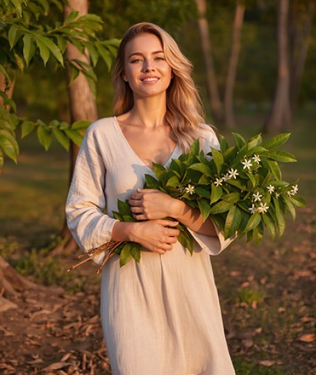Smiling blonde woman in beige dress holding fresh neem branches with white flowers in tropical forest at sunset, illustrating the purifying Neem Leaf Extract in Oryskincare's antibacterial skincare products for clear, soothed, and healthy skin.