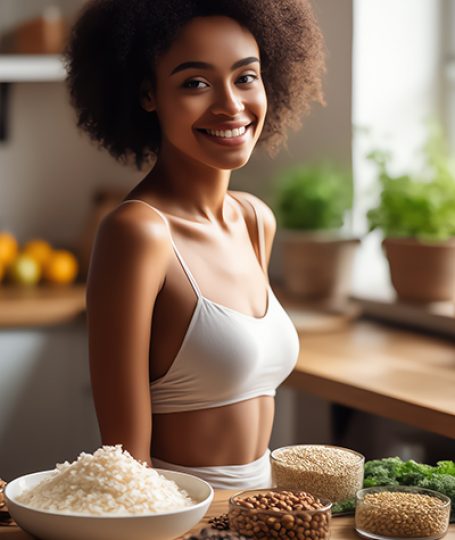 Smiling woman in white top surrounded by bowls of rice, grains, nuts, and herbs in bright kitchen, representing natural sources of Niacinamide (Vitamin B3) in Oryskincare's strengthening skincare products for improved barrier function, reduced pores, and even-toned skin.