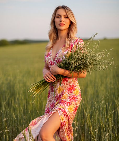 Smiling blonde woman in colorful floral dress holding bundle of fresh oat stalks in sunny green field, symbolizing the soothing Oat Extract in Oryskincare's gentle skincare products for calmed, hydrated, and protected sensitive skin.