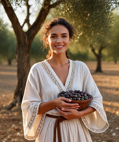 Smiling woman in embroidered white dress holding basket of fresh olives in sunny olive grove, embodying the antioxidant-rich Olive Leaf Extract in Oryskincare's protective skincare products for soothed, firm, and radiant skin.