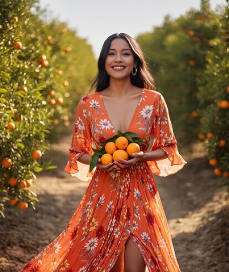 Smiling woman in vibrant orange floral dress holding fresh oranges in sunny citrus orchard, symbolizing the uplifting Orange Essential Oil in Oryskincare's brightening skincare products for radiant, acne-free, and hydrated skin.