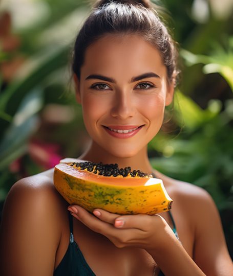 Smiling woman in green top holding fresh halved papaya in lush tropical garden, representing the exfoliating Papaya Extract in Oryskincare's brightening skincare products for smoother, radiant, and rejuvenated skin.