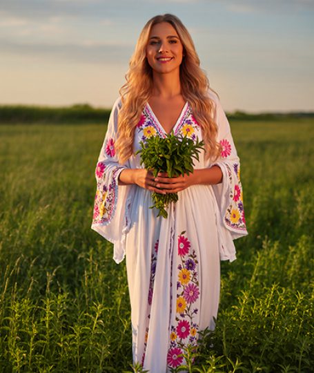 Smiling woman in embroidered white dress holding fresh peppermint bouquet in sunny green field, embodying the cooling Peppermint Essential Oil in Oryskincare's invigorating skincare products for refreshed, soothed, and clear skin.