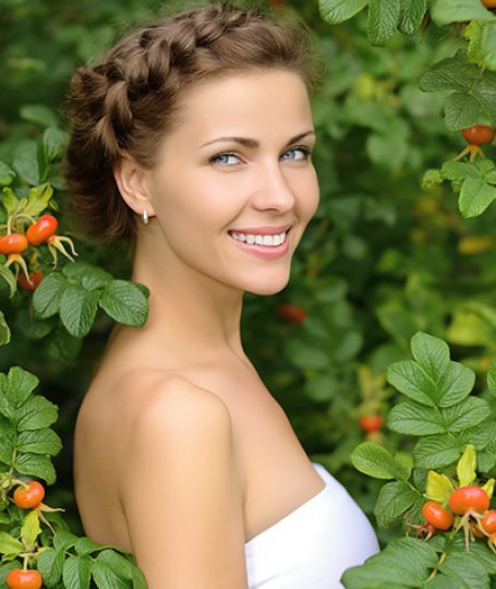Woman surrounded by rosehip branches with ripe rose hips, representing rosehip oil used in ORY Skincare for skin renewal, hydration, and natural radiance.