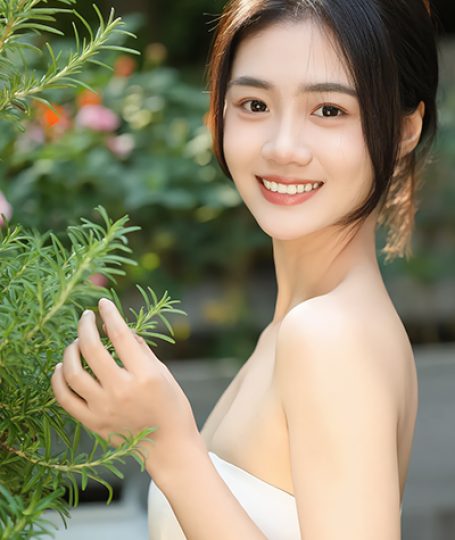 Woman gently holding fresh rosemary leaves in a garden setting, representing rosemary used in ORY Skincare for its antioxidant and skin-balancing benefits.