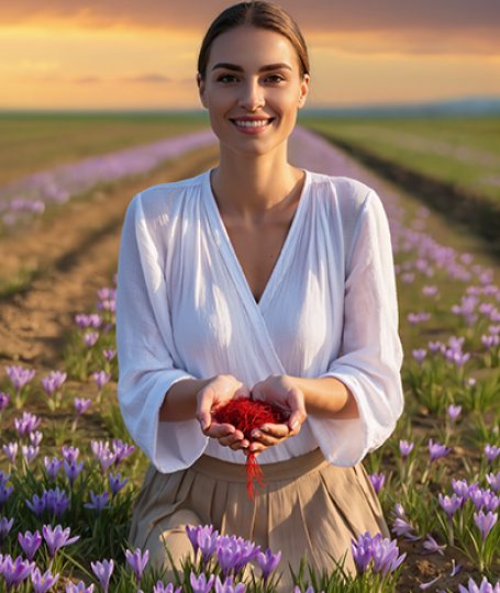 Woman standing in a saffron field holding fresh saffron threads, representing ORY Skincare’s use of saffron extract as a rare botanical ingredient known for brightening, antioxidant protection, and skin revitalization.