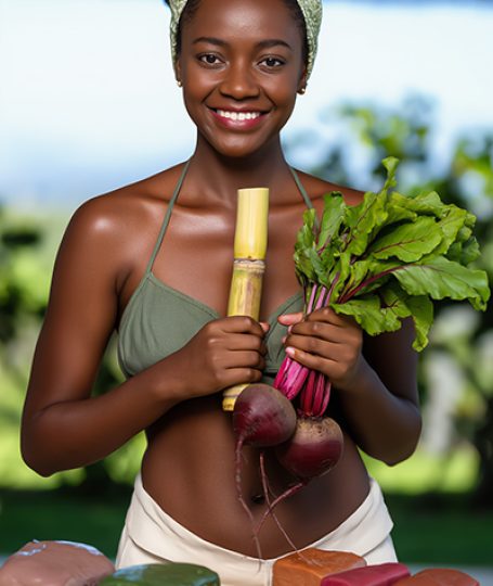 Woman holding fresh botanicals and roots, representing sodium PCA’s natural moisture-binding properties and its role in maintaining skin hydration and balance.