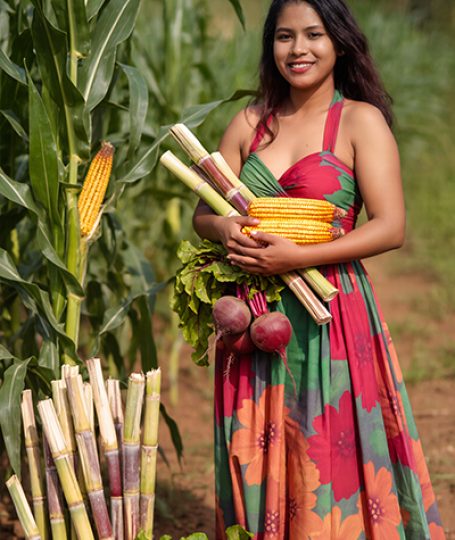 Woman holding sugarcane and corn in a field, representing sodium lactate as a naturally derived ORY Skincare ingredient that supports hydration and moisture balance.