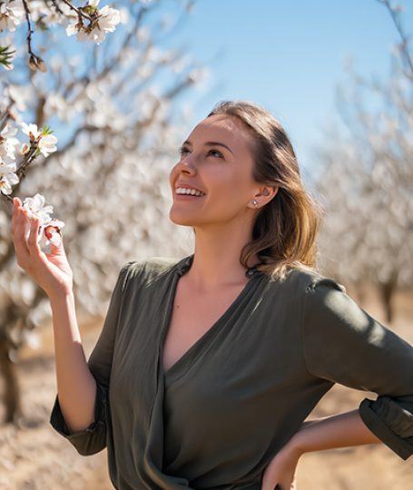 Woman in a blooming almond orchard with radiant, nourished skin, symbolizing the gentle moisturizing and soothing benefits of sweet almond oil in skincare.