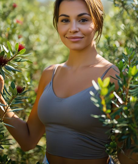 Woman standing among tea tree foliage, representing tea tree oil’s natural purifying, antibacterial, and skin-balancing properties in skincare.