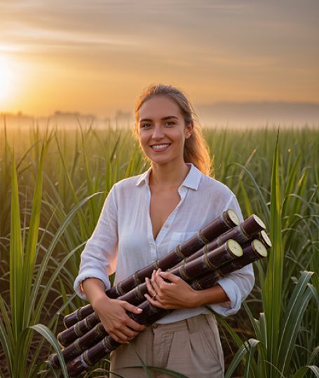 Woman standing in a cultivated field holding harvested plant stalks, representing ORY Skincare’s commitment to formulation purity and the use of tetrasodium glutamate diacetate to improve ingredient stability and product performance.