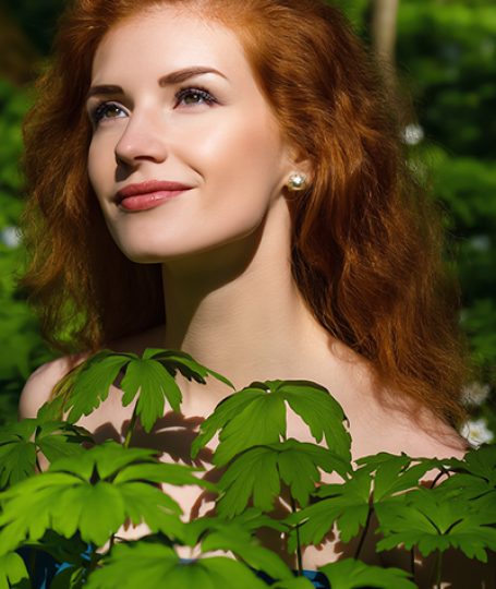 Woman with smooth, hydrated skin framed by green foliage, representing urea’s moisture-binding and skin-softening benefits in advanced skincare formulations.