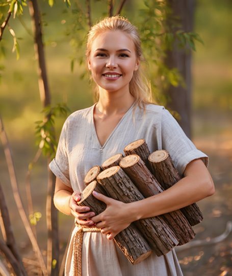 Woman standing in a wooded setting holding natural willow bark, representing ORY Skincare’s use of willow bark extract as a botanical exfoliating ingredient known for clarifying, smoothing, and balancing the skin.